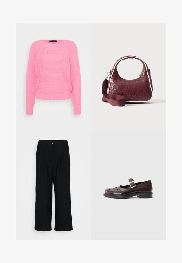 Pull en tricot rose avec un col rond, des manches longues et des poignets et un ourlet côtelés. Présente un motif texturé et une coupe décontractée.; Pantalons larges noirs en tissu lisse avec des plis devant, une taille avec une fermeture à bouton et une coupe fluide.; Chaussure de style Mary Jane en cuir verni bordeaux foncé, avec des détails perforés et une sangle à boucle. Talon bas, bout rond.; Sac à main en cuir tressé marron foncé avec poignée courbée, garniture blanche, fermeture éclair argentée et bandoulière large en tissu amovible sur fond uni.