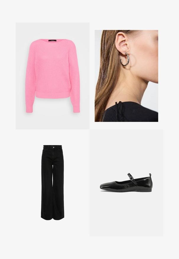 Pull en tricot rose avec un col rond, des manches longues et des poignets et un ourlet côtelés. Présente un motif texturé et une coupe décontractée.; Jeans en denim noir à jambe large avec taille haute, conception à cinq poches et quincaillerie en argent. Le tissu a une finition lisse et légèrement texturée.; Chaussure plate en cuir verni noir avec un bout pointu, une sangle de cheville avec boucles, et une texture lisse et brillante. Talon bas pour le confort.; Boucle d'oreille en argent avec une finition polie, présentant de petits détails en or et de forme ronde, portée sur le lobe.
