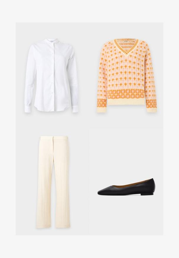 Pull en maille à col en V avec motifs géométriques orange et crème, présentant un design en losange et carré sur le corps et les manches.; Chemise blanche à manches longues avec un col mandarin, en tissu lisse, dotée d'une patte de boutonnage à l'avant et d'une coupe ajustée. Sans motifs ni accents.; Pantalon droit couleur crème avec passants de ceinture, fermeture éclair sur le devant et taille plate, présenté sur un fond uni.; Chaussure plate en cuir noir à bout pointu avec talon bas et finition lisse, vue de côté sur un fond gris clair.