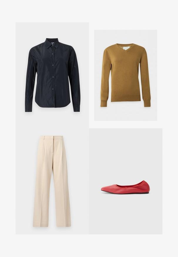 Pull en maille marron à col en V pour homme, manches longues, avec poignets et ourlet côtelés sur fond clair uni.; Chemise noire à manches longues avec boutons, col, tissu mat et poignets ajustés, présentée sur un fond clair neutre.; Pantalon beige taille haute à jambes larges avec plis sur le devant et fermeture éclair dissimulée, fabriqué en tissu texturé.; Filippa K REY FLATS - Ballerines - bright red