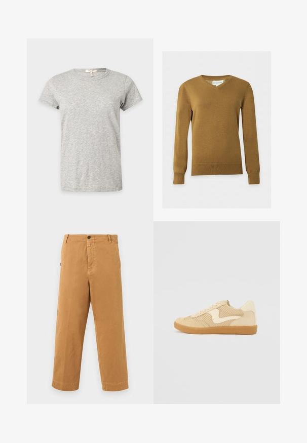 Pull en maille marron à col en V pour homme, manches longues, avec poignets et ourlet côtelés sur fond clair uni.; T-shirt gris clair à manches courtes et col rond avec un motif chiné subtil affiché sur un fond uni.; Pantalon décontracté marron à jambes droites avec passants pour ceinture, fermeture par bouton et poches latérales sur fond blanc.; Sneaker beige avec des matériaux en daim et en maille, forme arrondie, col rembourré proéminent et semelle en caoutchouc gomme. Présente un accent de design en forme de vague.