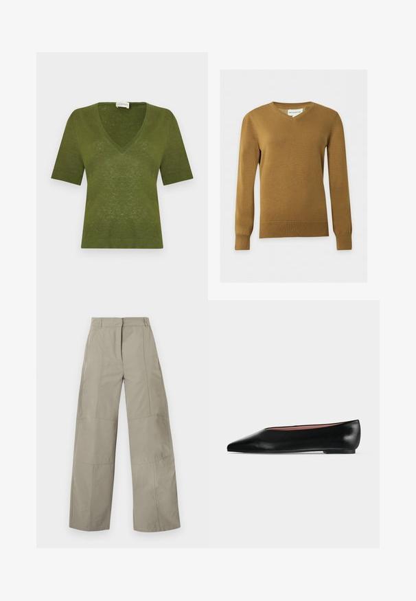 Pull en maille marron à col en V pour homme, manches longues, avec poignets et ourlet côtelés sur fond clair uni.; Pull vert olive à manches courtes et col en V, fabriqué en maille légère, avec bordures côtelées aux manches et à la base.; Pantalon beige à jambes larges avec taille haute, passants pour ceinture, détails de coutures frontales et fermeture avant cachée.; Chaussure plate en cuir noir pour femme, avec bout pointu et petit talon, vue de côté sur un fond gris clair uni.