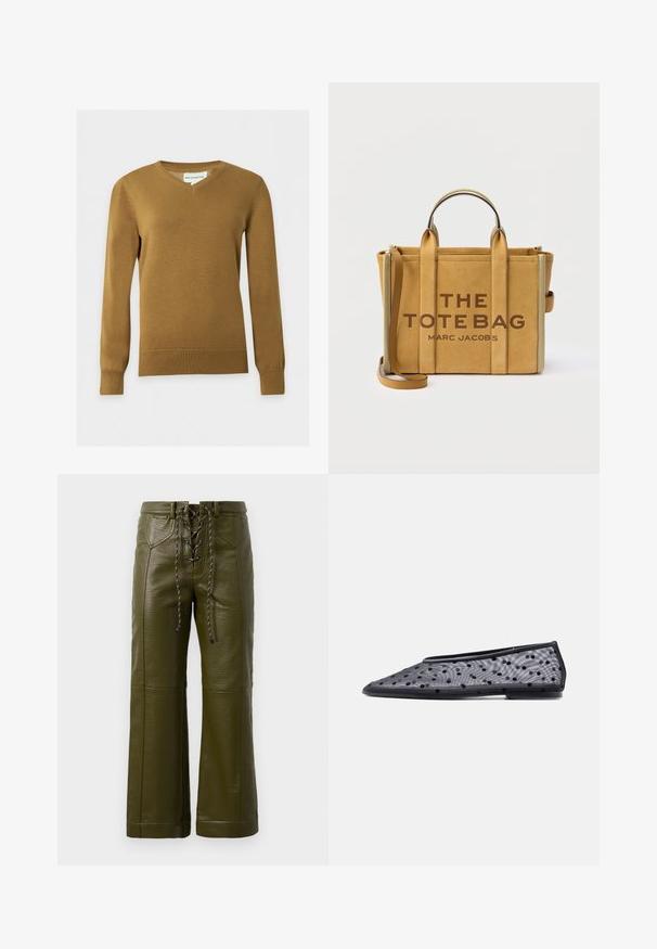 Pull en maille marron à col en V pour homme, manches longues, avec poignets et ourlet côtelés sur fond clair uni.; Pantalons larges en cuir vert olive avec une finition texturée, dotés d'un devant à lacets et de solides accents en métal noir.; Chaussure plate noire à bout pointu, en tissu transparent avec un motif à pois noirs sur un fond clair.; Sac fourre-tout Marc Jacobs en daim couleur tan avec deux poignées supérieures, une bandoulière amovible et l'inscription audacieuse "THE TOTE BAG" à l'avant.