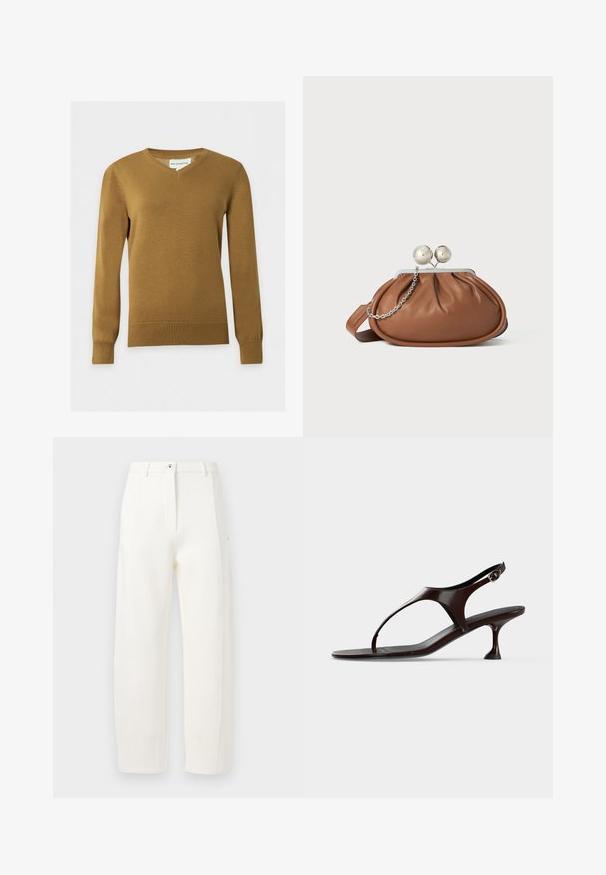 Pull en maille marron à col en V pour homme, manches longues, avec poignets et ourlet côtelés sur fond clair uni.; Pantalons blancs ajustés avec une coupe droite, plis avant, fermeture éclair et bouton, et poches latérales. Tissu lisse avec une finition mate.; Sandale slingback en cuir verni marron foncé avec petit talon et bride entre les orteils sur fond blanc.; Pochette en cuir marron avec un fermoir à boule en argent et un petit détail en chaîne argentée sur fond blanc.