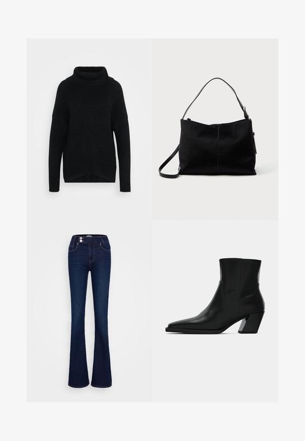 Sort ribstrikket rullekravesweater med lange ærmer og sænkede skuldre, med en let længere bagkant, præsenteret på en ensfarvet hvid baggrund.; Mørkeblå jeans med vidde, lavet af denim, med høj talje, to forlommer og lynlås- og knaplukning med kontrastsyning.; Sortlæder ankelstøvle med spids tå, en slank silhuet og en kraftig firkantet hæl. Glat tekstur med minimale stikninger.; Sort skuldertaske med en glat, tekstureret overflade, prydet med en enkelt rem og en lynlåslukning øverst. Kompakt rektangulær form.
