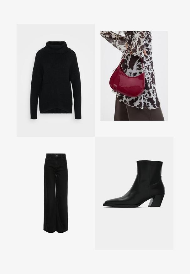 Sort ribstrikket rullekravesweater med lange ærmer og sænkede skuldre, med en let længere bagkant, præsenteret på en ensfarvet hvid baggrund.; Bredde ben sorte denim jeans med høj talje, fem-lomme design og sølvhardware. Stof med en glat, let tekstureret finish.; Sortlæder ankelstøvle med spids tå, en slank silhuet og en kraftig firkantet hæl. Glat tekstur med minimale stikninger.; Kvinde iført en sort- og hvidmønstret bluse, der holder en blank rød skuldertaske mod en ensfarvet baggrund.