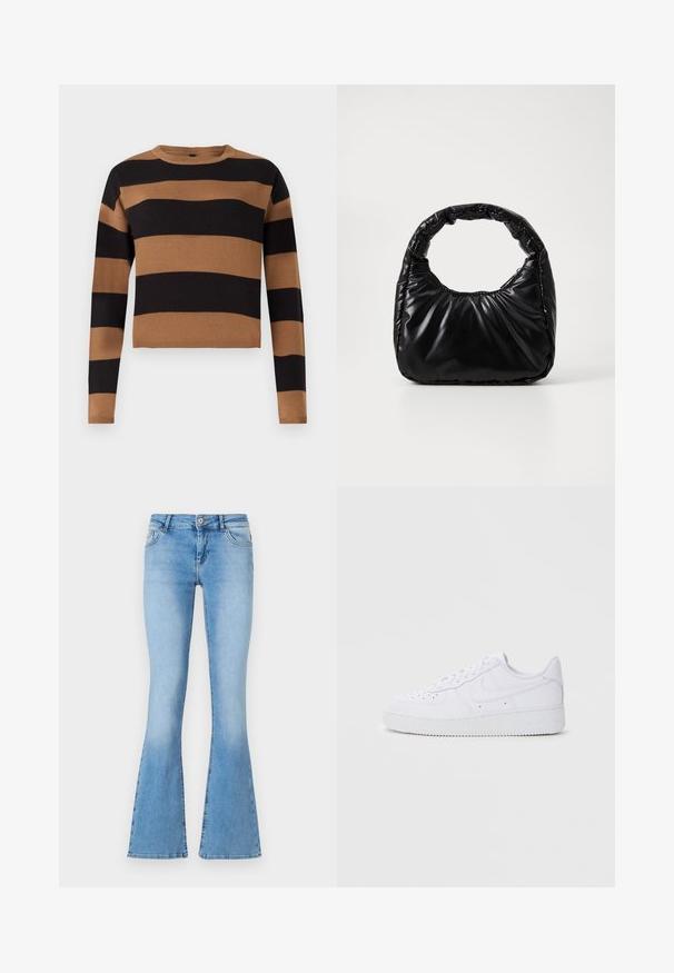Brun og sort stribet striktrøje, rund hals, lange ærmer, tekstureret stof, cropped cut, med vekslende tykke striber.; Lysblå flagrende jeans lavet af denim med midt-høj talje, med forlommer og syninger langs sømme og kanter.; Hvide Nike Air Force 1 sneakers med læderoverdel, rund tå, snørelukning, polstret krave og struktureret gummisål.; Sort polstret håndtaske med et rundt håndtag, der har en glat, skinnende overflade og en blød, kviltet tekstur. Ingen synlige hardware eller accenter.