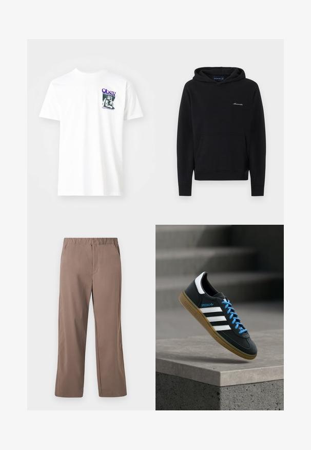 Čierna pulóverová mikina s kapucňou, s predným klokankovým vreckom a malým bielym logom "Abercrombie" na ľavej strane hrude.; Biely bavlnený tričko s grafickou potlačou v purpurovej farbe, zobrazujúce sediacu postavu s textom "Obey" a "Stop Worry Now!" v čiernej farbe.; Voľné hnedé nohavice s priamym strihom, elastickým pásom a zapínaním na gombík, prednými vreckami a hladkou textúrou materiálu.; Čierna teniska Adidas s bielymi pruhmi, modrými šnúrkami a gumovou podrážkou, ktorá sa vznáša nad sivým betónovým schodom v mäkkom svetle.