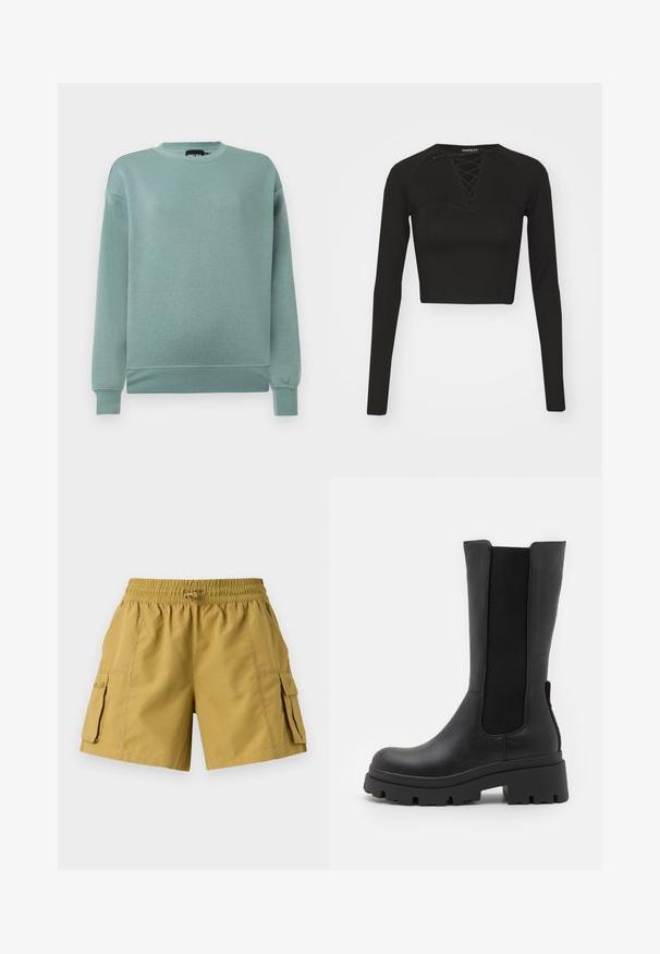 Mintgrüner Sweatshirt aus weichem Stoff, mit Rundhalsausschnitt, langen Ärmeln mit gerippten Bündchen und lockerem Schnitt.; Schwarzes, langärmliges Crop-Top aus glattem Stoff, mit einem Schnürhals und strukturierten Nähten für eine figurbetonte Passform.; Cargo-Shorts in Khaki mit einem elastischen Bund, Kordelzug und zwei Seitentaschen. Hergestellt aus leichtem Stoff mit glatter Textur.; ONLY SHOES ONLDOJA - Plateaustiefel - black