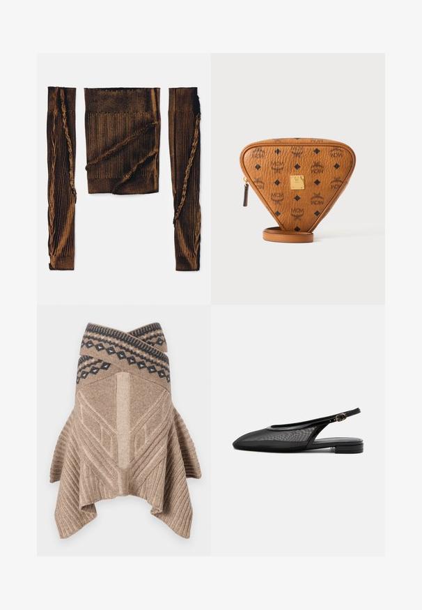 Bruine geribbelde stof top met lange mouwen, featuring rafelige randen en een ongelijkmatige textuur. Benadrukt een versleten ontwerp met een cropped pasvorm.; Beige gebreide poncho met een geribbelde textuur, geometrisch ontwerp en een contrasterende geborduurde rand in donkerblauw. Gekleed met een asymmetrische zoom.; Zwarte slingback platte schoen met puntige neus, mesh bovenwerk, verstelbare gespsluiting en lage gestapelde hak op witte achtergrond.; Bruine driehoekige leren crossbodytas met zwarte MCM-logo's, gouden metalen merkplaatje en een ritssluiting op een witte achtergrond.
