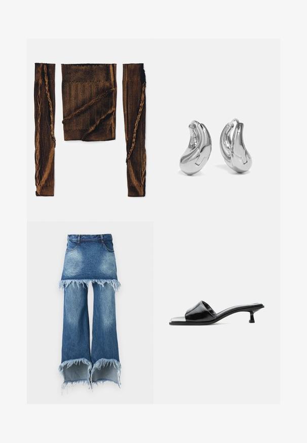 Haut en tissu côtelé marron à manches longues, avec des bords effilochés et une texture irrégulière. Met en avant un design usé avec une coupe courte.; Jupe-pantalon en denim, dégradé de bleu clair à bleu foncé, ourlet brut avec bords effilochés, cinq poches, taille standard, silhouette à jambe large.; Mule ouverte en cuir verni noir avec un petit talon kitten bas et une large bride sur les orteils, présentée en profil sur un fond uni.; Boucles d'oreilles en argent en forme de créoles avec une finition incurvée et brillante, et un design sans couture. Équipées d'une fermeture à charnière pour un port sécurisé.
