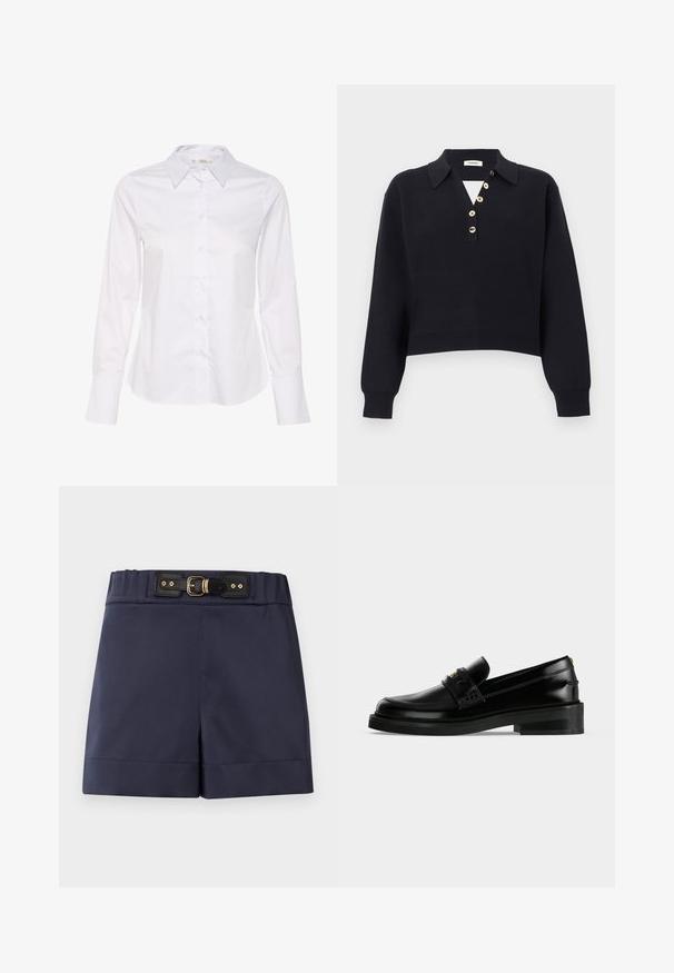 Pull noir en maille à manches longues avec un col et cinq boutons beige disposés en biais le long du plastron de la poitrine, poignets et ourlet côtelés.; Chemise blanche à manches longues avec un col classique, une fermeture par boutons à l'avant et un ourlet droit. Fabriquée en tissu lisse avec un design épuré.; Shorts taille haute bleu marine avec ceinture noire à boucle et ferrures dorées sur un fond clair uni.; Mocassin en cuir noir poli avec un petit talon carré, surpiqûres moc toe et une bride décorative sur le dessus.