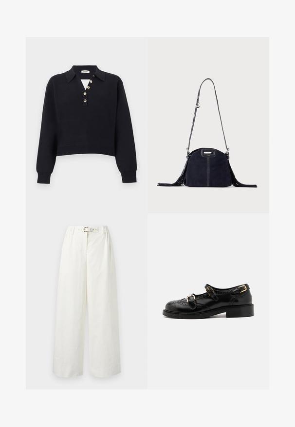 Pull noir en maille à manches longues avec un col et cinq boutons beige disposés en biais le long du plastron de la poitrine, poignets et ourlet côtelés.; Pantalon blanc à jambes larges avec une taille haute, doté d'une ceinture assortie avec une boucle dorée et des passants de ceinture.; Chaussures en cuir noir avec détails de brogue, dotées de deux sangles à boucle, d'un bout arrondi et d'un talon bas. Texture lisse avec finition brillante.; Sac à main en daim bleu foncé avec des coutures blanches, une poignée découpée, une bandoulière à motif et de longues franges des deux côtés.