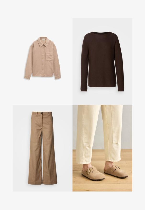 Bruine gebreide trui met een brede halslijn, lange mouwen en een textuurpatroon. Het ontwerp heeft een ontspannen pasvorm en een rechte zoom.; Beige corduroy overhemdjack met een kraag, een sluiting met vijf knopen en een enkele borstzak. Zachte textuur met verticale ribbels.; Wijde broek gemaakt van een gladde, tan stof. Voorzien van een sluiting met knoop aan de voorkant, riemlussen en zijzakken. Strakke lijnen zonder zichtbare patronen.; Tan suède clogs met een brede band en gouden gesp, gestructureerd oppervlak en bruine rubberen zool; gedragen met losse ivoorkleurige taperende broeken.