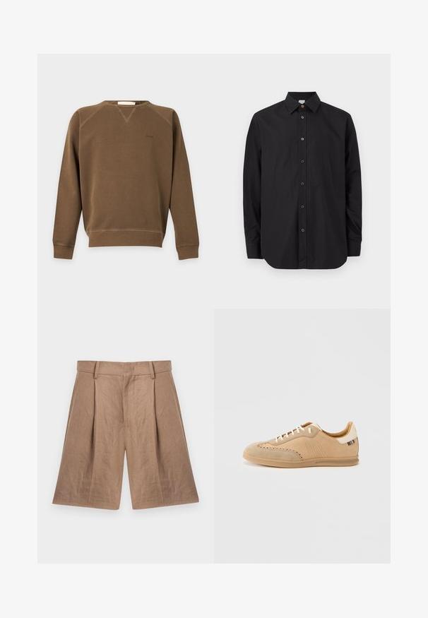 Sweat-shirt marron à manches longues avec col rond, poignets et ourlet côtelés, coutures visibles et petit logo embossé sur la poitrine.; Chemise noire à manches longues avec boutons sur le devant, col standard et bouton supérieur contrastant marron, présentée sur un fond clair.; Shorts beige coupés sur mesure, longueur genou, avec passants de ceinture, plis à l'avant, poches latérales et taille ajustée sur fond blanc.; Baskets en daim beige avec des détails perforés, des lacets crème et une semelle texturée marron clair, avec un accent de couleur contrastante au talon.