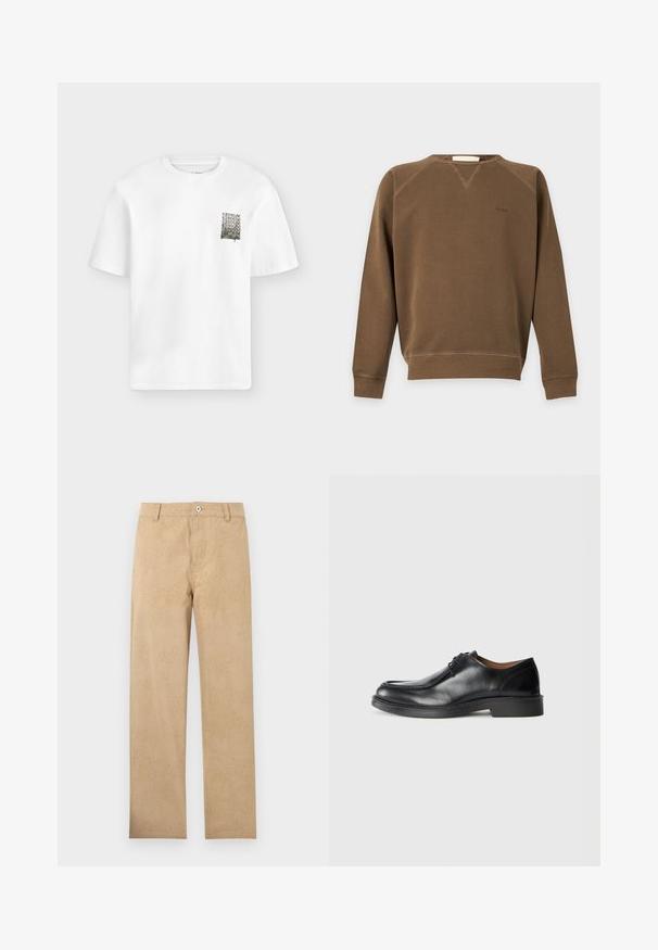 Sweat-shirt marron à manches longues avec col rond, poignets et ourlet côtelés, coutures visibles et petit logo embossé sur la poitrine.; T-shirt blanc à manches courtes avec un petit texte noir "samsøe" répété sur la partie gauche de la poitrine.; Pantalon beige à jambes droites avec un motif texturé subtil, fermeture à bouton, passants pour ceinture et poches avant, posé à plat sur fond blanc.; Chaussure de ville en cuir noir avec un bout arrondi, surface lisse, détails en dentelle et une semelle en caoutchouc texturée basse. Lignes épurées et design minimal.