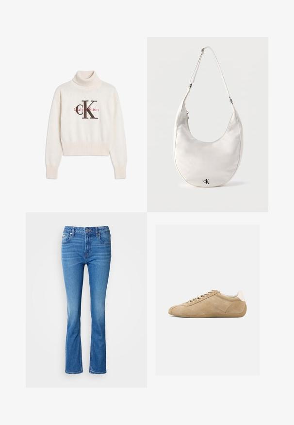 Kremfarvet Calvin Klein rullekravesweater med ribstrikkede manchetter og kant, med stort sort og rødt CK-logo foran.; Blå denim flared jeans med en mellemhøj talje, der har et klassisk fem-lomme design og en subtil affadet tekstur ved knæene.; Tanfarvede ruskindssneakers med en glat tekstur, rundet tå, lys snørredesign og en kontrasterende hvid hælaccent. Fleksibel gummisål.; Hvid skuldertaske i halvmåneform med justerbar rem og sort "cK"-logo nær bunden i midten på ensfarvet baggrund.