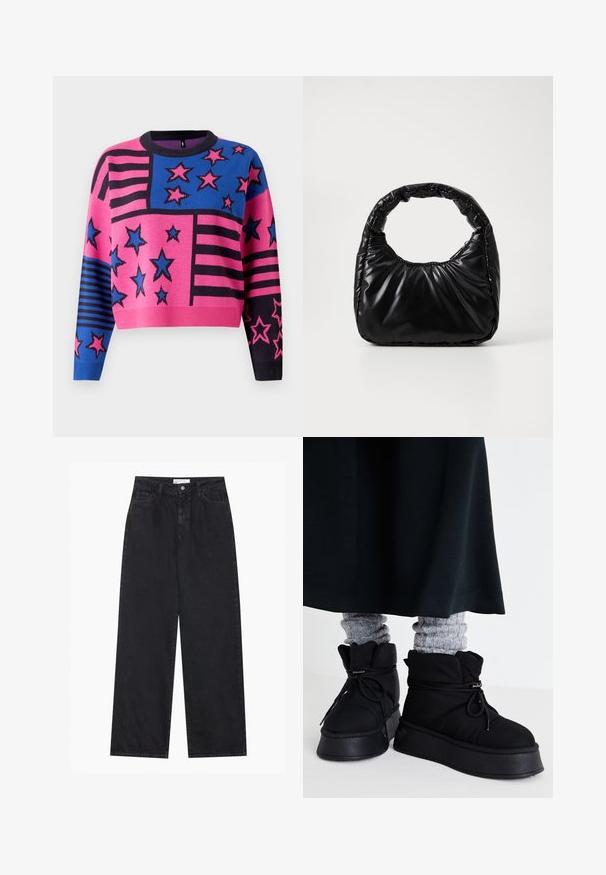 Lyserød og blå cropped sweater med stjerne- og stribemønstre, samt en sort ribkant og manchetter. Strikket tekstur med livlige farver.; Sorte højtaljede bredbenede denimjeans med frontknap og lynlås, bæltestropper og fem-lomme stil.; Sorte, puffede ankelstøvler med flade såler, snørebånd og fremtrædende stikninger. Bæret med grå ribbede sokker, der stikker frem, sammen med en mørk nederdel.; Sort polstret håndtaske med et rundt håndtag, der har en glat, skinnende overflade og en blød, kviltet tekstur. Ingen synlige hardware eller accenter.