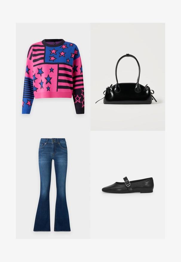 Roze en blauwe cropped trui met sterren- en streepjespatronen, voorzien van een zwarte geribde halslijn en mouwen. Gebreide textuur met levendige kleuren.; Uitgebreide jeans van donkerblauwe denim. Voorzien van een sluiting met twee knopen, vijf zakken en vervagingdetails op de benen. Standaard taillebandontwerp.; Zwarte leren platte schoen met een ronde neus, een enkele verstelbare gespsluiting en een gladde, glanzende textuur. Minimalistisch ontwerp met een lage hak.; Kleine zwarte glanzende handtas met twee lange hengsels en zijkant trekkoord details op een effen lichte achtergrond.