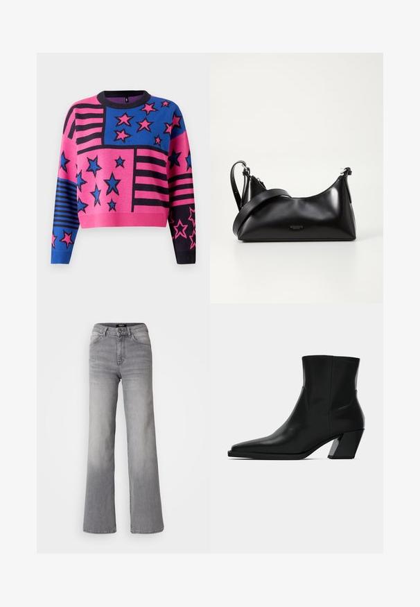 Lyserød og blå cropped sweater med stjerne- og stribemønstre, samt en sort ribkant og manchetter. Strikket tekstur med livlige farver.; Højtaljede grå denim jeans med lige ben, med frontknap og lynlås, foran og bagpå lommer, samt nedtoning på lår og lægge.; Sortlæder ankelstøvle med spids tå, en slank silhuet og en kraftig firkantet hæl. Glat tekstur med minimale stikninger.; Sort læderhåndtaske med en glat tekstur. Har en justerbar stropp og et enkelt, minimalistisk design med lynlås.