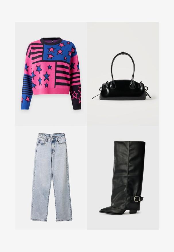Rosa und blauer, verkürzter Pullover mit Stern- und Streifenmustern, dazu ein schwarzer gerippter Halsausschnitt und Bündchen. Stricktextur mit lebendigen Farben.; Helle blaue Straight-Leg-Jeans aus Denim, ausgestattet mit zwei vorderen Taschen, einem Knopfverschluss und kontrastierenden Nähten entlang der Säume.; Schwarze Lederstiefeletten in Knöchellänge mit spitzem Zehenbereich, glatter Oberfläche und silberner Schnallenakzent an der Seite. Massiver, quadratischer Absatz.; Kleine schwarze glänzende Handtasche mit zwei langen Griffen und seitlichen Kordelzug-Details vor einfachem hellem Hintergrund.