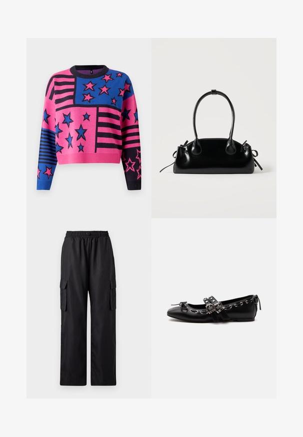 Suéter corto en rosa y azul con patrones de estrellas y rayas, con un cuello y puños acanalados en negro. Textura de punto con colores vibrantes.; Pantalones cargo negros con cintura elástica, dos bolsillos laterales y un diseño relajado de pierna ancha. Fabricados con un material suave y ligero.; Zapato de ballet plano negro con correas de doble hebilla, ojales plateados y un pequeño lazo cerca de la puntera redondeada sobre un fondo blanco.; Pequeño bolso negro brillante con dos asas largas y detalles de cordón lateral sobre un fondo claro liso.