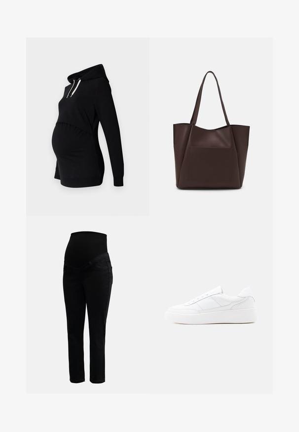 Hoodie de maternité noir au fit décontracté, doté d'un design court, de manches longues, d'une capuche ajustable et de panneaux latéraux froncés pour un confort optimal.; Jeans de maternité noirs avec une taille haute extensible et des jambes slim, conçus pour le confort et le soutien pendant la grossesse.; Baskets basses blanches avec semelle épaisse, design à lacets et détails de couture subtils sur un fond clair uni.; Sac fourre-tout brun en matériau lisse, avec une grande poche avant, deux poignées et un design structuré simplifié.