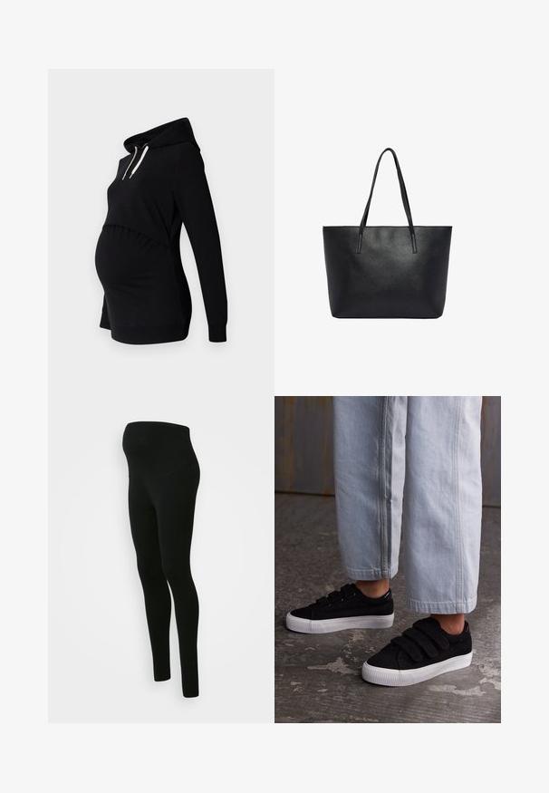 Sudadera de maternidad negra con un corte relajado, que presenta un diseño recortado, mangas largas, capucha con cordón y paneles laterales fruncidos para mayor comodidad.; Leggings de maternidad negros con una cinturilla alta y de soporte, textura suave, diseño ajustado y sin patrones ni adornos visibles.; Zapatillas de corduroy negro con tres correas de Velcro y una parte superior texturizada. Suela de goma blanca de perfil bajo. Llevadas con pantalones recortados en azul claro.; Bolso tote de cuero negro texturizado con dos largas correas para el hombro, forma rectangular y apertura superior.