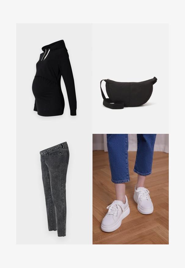 Sort graviditetshoodie med en afslappet pasform, der har et cropped design, lange ærmer, snoretræk i hætten og samlede sidelapper for komfort.; MAMALICIOUS Slim fit Mid waist Raw hems - Jeans Slim Fit - grey denim; Ben iført cropped blå jeans og hvide snørebånds-plateausneakers, stående på lyst trægulv.; Sort skuldertaske med en rund silhuet. Lavet af tekstureret stof, med lynlåslukning og et vævet bånd. Enkel, minimalistisk design.