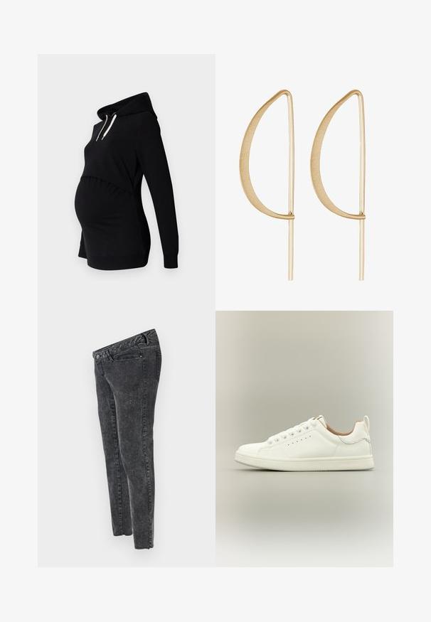 Sort graviditetshoodie med en afslappet pasform, der har et cropped design, lange ærmer, snoretræk i hætten og samlede sidelapper for komfort.; MAMALICIOUS Slim fit Mid waist Raw hems - Jeans Slim Fit - grey denim; Hvid lav sneaker med snørebånd, perforerede sidedetaljer og en trækflap på hælen, sat mod en neutral baggrund.; Guld metal øreringe med en buet, forlænget bladform. Overfladen er glat og mat, med tynde vandrette accenter.