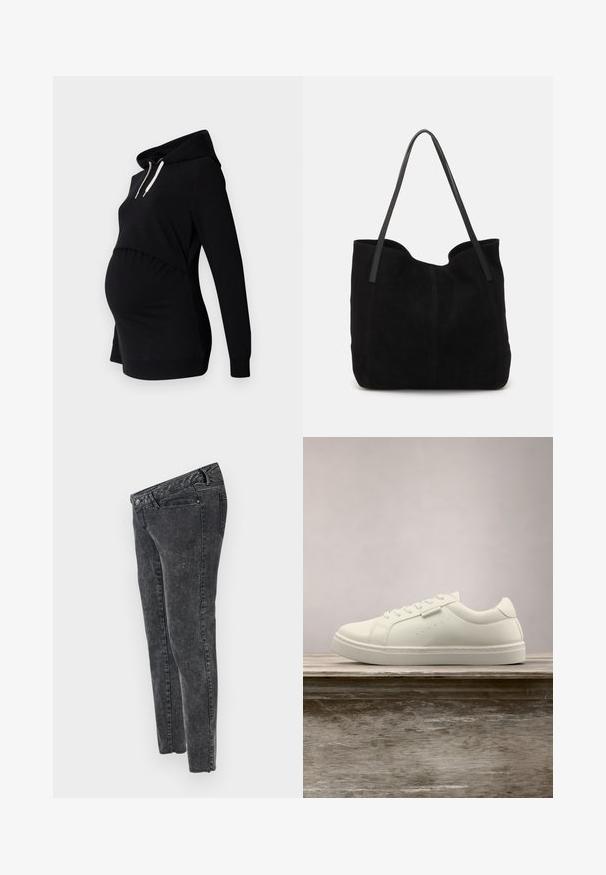 Sort graviditetshoodie med en afslappet pasform, der har et cropped design, lange ærmer, snoretræk i hætten og samlede sidelapper for komfort.; MAMALICIOUS Slim fit Mid waist Raw hems - Jeans Slim Fit - grey denim; Hvide lædersneakers med snørebånd svævende over en træbænk, grøn høj græs sløret i baggrunden udendørs.; Sort ruskinds totemed med to lange, flade læderremme. Har en buet topkant og synlige stikninger langs forsiden. Ingen hardware-dekorationer.