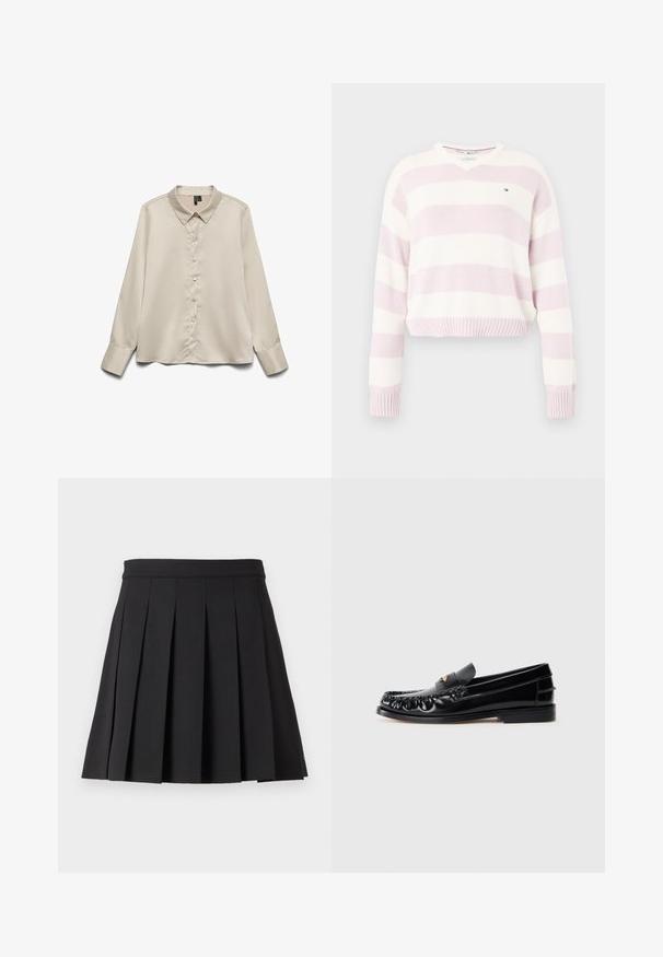 Hæklet v-hals trøje i striber af lyserød og hvid, med ribbede manchetter og kant, samt en lille logodetalje på brystet.; Lys beige langærmet blouse lavet af glat stof, med spidse kraver, fuld knaplukning og enknapsmanchetter.; Sort plisseret nederdel med en flad talje. Lavet af glat stof, der har ensartede lodrette folder og en lige kant. Ingen synlige lukninger.; Sorte læder loafers med rund tå, dekorativ sying og en lille gul accent på vampen. Flad gummisål, slankt design.