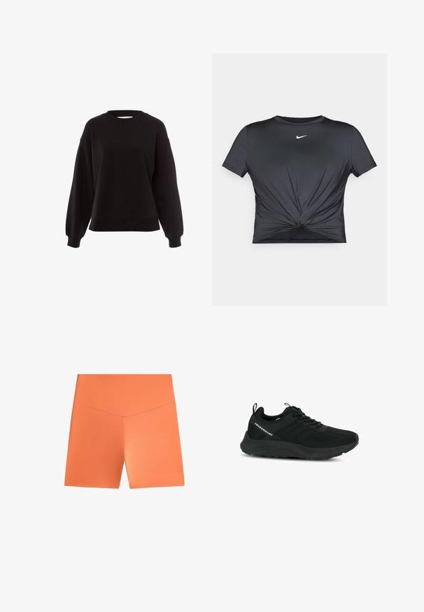 Zwarte sweatshirt van zacht materiaal, met een ronde hals, verlaagde schouders en geribde manchetten, met een ontspannen pasvorm.; Zwart atletisch T-shirt van gladde stof, met korte mouwen, een knoop aan de voorkant en een wit Nike-logo op de borst.; Solide oranje high-waist aansluitende shorts met een subtiele V-vormige naad aan de voorkant van de taille, gemaakt van glad rekbaar materiaal.; Zwarte sportschoen met een textuur bovenwerk, meshpanelen en een gewatteerde zool. Voorzien van veters en een trekkraag aan de hiel voor gemakkelijk aan- en uittrekken.