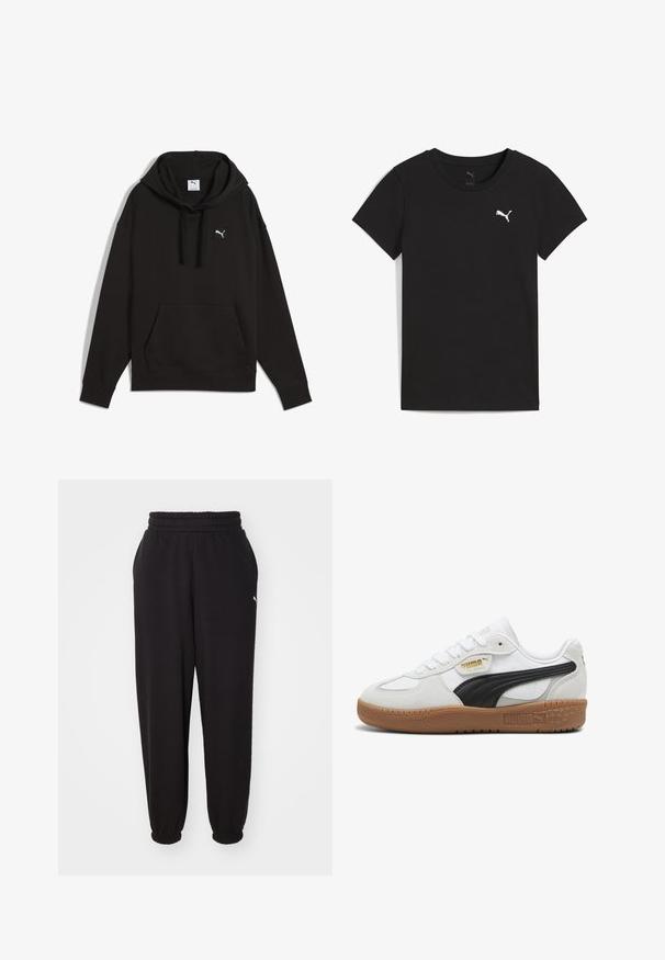 Sort pullover hoodie lavet af en blanding af bomuld, med en frontlomme, snor i hætten og et lille logo-patch på brystet.; Sort Puma T-shirt med korte ærmer, rund hals og hvidt Puma-logo på venstre bryst.; Sorte sweatpants lavet af blødt stof, med en ribbet talje og mansjetter ved anklerne. Indeholder en lille logoaccent på siden.; Hvide lædersneakers med en sort ruskindsstribe, gummigummisål og guldbranding på siden. Snørebånddesign med en afrundet tå.