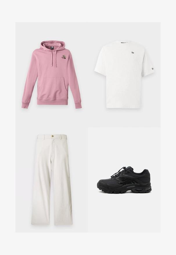 Sudadera en rosa claro, hecha de tejido suave, con capucha, bolsillo canguro y logo bordado con detalle floral en el pecho.; Camiseta blanca de algodón con mangas cortas, cuello redondo y un pequeño logo negro en el lado izquierdo del pecho y la manga derecha.; Pantalones de pierna ancha beige fabricados en algodón, con cremallera y cierre de un botón. Cuenta con bolsillos frontales y un acabado de tela texturizada.; Zapatilla deportiva negra con tejido texturizado, suela gruesa y acolchada, ventilaciones y cierre con cordones, mostrada de lado sobre un fondo claro.