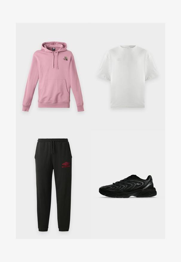 Sudadera en rosa claro, hecha de tejido suave, con capucha, bolsillo canguro y logo bordado con detalle floral en el pecho.; Camiseta de algodón blanca con mangas cortas, cuello redondo y un logo sutil impreso en gris claro en el pecho; textura suave y corte relajado.; Pantalones de chándal negros con cintura y puños elásticos, bolsillos laterales y logo rojo de Umbro en el muslo izquierdo.; Zapatilla deportiva negra con patrones ondulados y un pequeño logo de cocodrilo en el lateral, mostrada sobre un fondo liso de color gris claro.