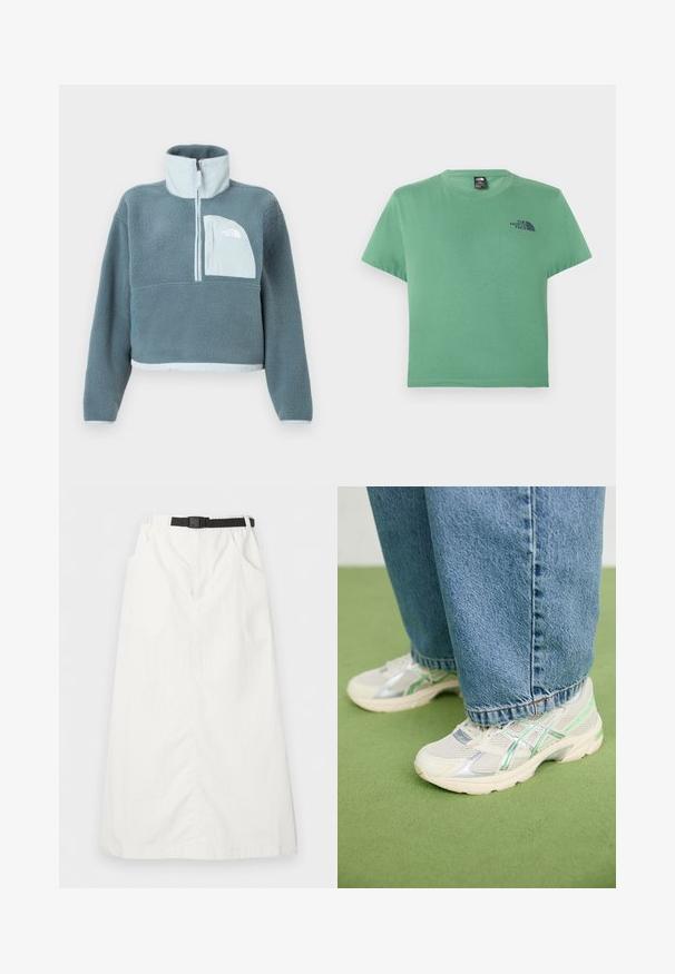 Modrý fleecový pulover s polovičným zipsom, vysokým golierom a svetlomodrou náprsní kapsou s logom The North Face.; Zelené krátke tričko s okrúhlym výstrihom a krátkym rukávom s malým čiernym logom The North Face na ľavej strane hrudníka.; Biela dlhá sukňa s elastickým pásom a čiernym nastaviteľným opaskom, s bočnými vreckami a rovný strih.; Biele a strieborné sieťované tenisky s zelenými akcentmi nosené s voľnými modrými džínsy stojace na zelenom koberci.