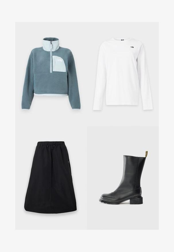Sinine fliisist pullover poole tõmbluku, kõrge krae ja helesinise rinnataskuga, millel on The North Face logo.; Valge pika varrukaga ümara kaelusega särk, millel vasakul rinnal väike must The North Face logo.; Must A-lõikega seelik elastse vöökohaga ja reguleeritava nööriga, põlveni ulatuv, ühevärviline disain küljetaskutega.; Must küljelöga mustast nahast mingit tallaga, sile tekstuur, ümar varvas ja kannatab järsk tab, millel on kollane bränding.