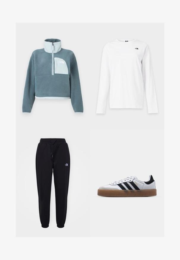 Blå fleecepullover med halvhøj lynlås, høj krave og lys blå brystlomme med The North Face-logo.; Hvid langærmet T-shirt med rund hals og lille sort The North Face-logo på venstre bryst.; Sorte joggingbukser med elastisk talje og manchetter, snoretræk, sidelommer og lille hvid The North Face-logo på højre lår.; Hvide lædersneakers med sorte striber, gummirubber sål, rund tå, snørelukning og blød grå ruskinds tåhætte.