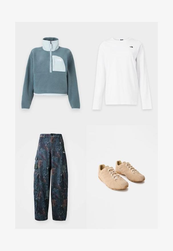 Pullover en polaire bleu avec demi-fermeture éclair, col montant et poche poitrine bleu clair arborant le logo The North Face.; T-shirt blanc à manches longues avec col rond et petit logo noir The North Face sur le côté gauche de la poitrine.; Pantalons cargo camouflage en vert foncé et marron, dotés de plusieurs poches et d'une coupe décontractée, fabriqués à partir d'un tissu léger et résistant.; Baskets de sport beiges avec une tige en daim texturé, une semelle en caoutchouc courbée saillante et un système de laçage. Présente des détails en relief sur les côtés.