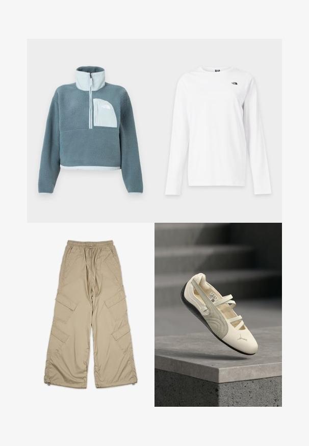 Blå fleecepullover med halvhøj lynlås, høj krave og lys blå brystlomme med The North Face-logo.; Hvid langærmet T-shirt med rund hals og lille sort The North Face-logo på venstre bryst.; Beige cargo bukser med snoretræk i taljen, flere sidelommer og en afslappet pasform. Lavet af letvægts, glat stof med syning detaljer.; Hvid og grå balletflat-sneaker med tre elastiske stropper og sort sål, vist i luften over en betonhylde.