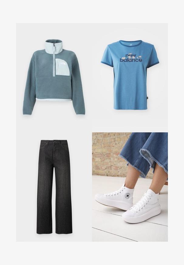 Blauwe fleece pullover met halve rits, hoge kraag en lichtblauwe borstzak met het logo van The North Face.; Blauwe katoenen t-shirt met korte mouwen, marineblauwe afwerking, met "new balance" tekst en bloemenontwerpen in het wit en geel op de voorkant.; Zwart wijde pijpen jeans met hoge taille, voorzakken, knoopsluiting en riemlussen, afgebeeld op een effen lichte achtergrond.; Persoon draagt witte hoge Converse-sneakers met dikke zolen en korte jeans met rafelige zoom tegen een bakstenen muur en witte vloer.