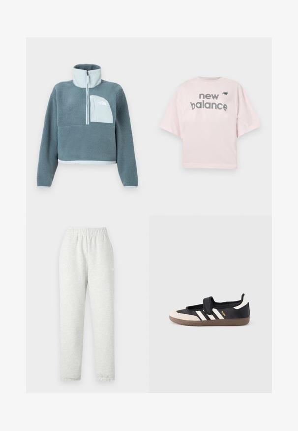 Sinine fliisist pullover poole tõmbluku, kõrge krae ja helesinise rinnataskuga, millel on The North Face logo.; Hele-roosa lühikeste varrukatega T-särk, millel on tekst "new balance" ja väikene must "NB" logo rinnal keskel.; Heledad hallhalli, elastselt kohanduv vöökoht, kitsenevad sääred ja soonikservad. Valmistatud pehmest, tekstuuriga kangast. Valge logo detail külgedel.; Must ja beež vabaajajalats klõpsrihmaga, küljele on kolm valget triipu ning pruun tekstuuriga kummist tald. Brändi logo on nähtav.
