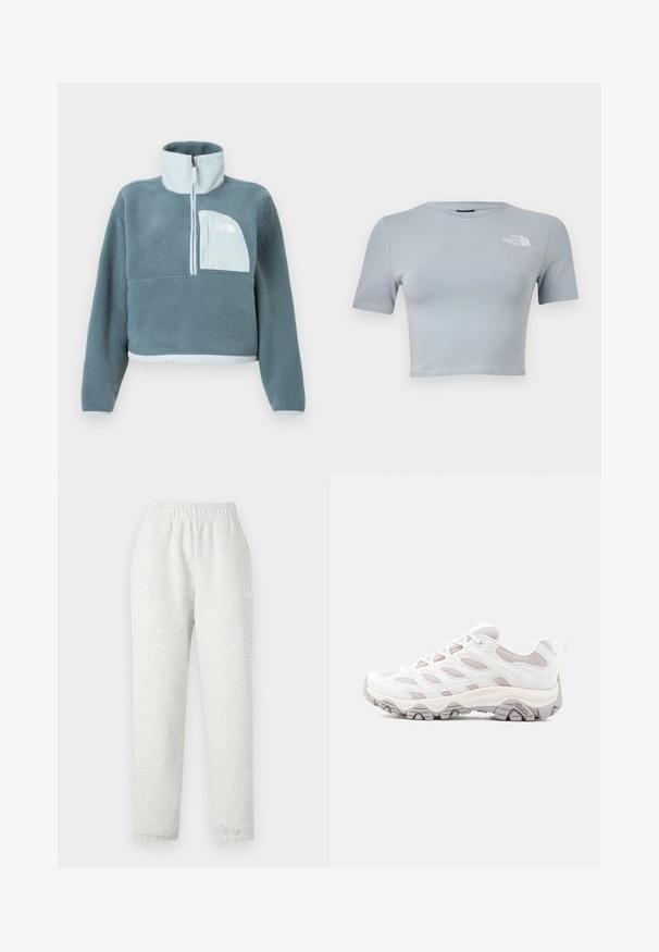 Blauwe fleece pullover met halve rits, hoge kraag en lichtblauwe borstzak met het logo van The North Face.; Lichtgrijs cropped T-shirt met korte mouwen, een ronde hals en wit "The North Face" logo op de linkerborst.; Lichtgrijze sweatpants met een elastische tailleband, taps toelopende pijpen en ribgebreide manchetten. Gemaakt van een zachte, gestructureerde stof. Witte logodetail aan de zijkant.; Lichtgrijze wandelschoen met een gestructureerd bovenwerk, meshpanelen en een rubberen zool. Voorzien van een opvallend vetersysteem en Merrell-logo aan de zijkant.