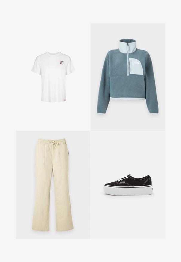 Blauer Fleece-Pullover mit halbem Reißverschluss, hohem Kragen und einer hellblauen Brusttasche mit dem Logo von The North Face.; Weißes Baumwoll-T-Shirt mit kurzen Ärmeln, rundem Ausschnitt und einem kleinen braunen Grafiklogo auf der linken Brustseite. Weiches Material und normale Passform.; Beige Hosen mit weitem Bein, elastischem Bund und Kordelzug, ausgestattet mit zwei aufgesetzten Vorder taschen und geraden Hosenbeinen.; Schwarze Leinensneaker mit einer weißen Gummiplattformsohle, weißen Schnürsenkeln und Nähten, ikonischer Markenaufdruck an der Seite, im Low-Top-Design.