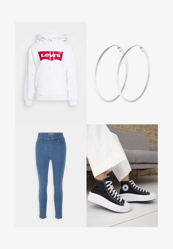Sudadera blanca hecha de material suave, con un gran logo rojo de Levi's en el pecho. Incluye un bolsillo frontal y cordones en la capucha.; Jeggings de denim azul con una textura suave, cintura alta, diseño de cinco bolsillos y piernas ajustadas. Largo estándar con un dobladillo liso.; Zapatillas altas negras con suelas de goma blancas y cordones blancos. Presentan un parche redondo con logo y costuras blancas contrastantes. Material de lona.; Pendientes de aro en tono plateado con forma redonda y un acabado pulido. Ambos pendientes son del mismo tamaño y cuentan con un mecanismo de cierre seguro.