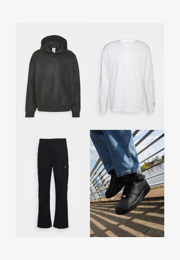 Hoodie van textuur donkergrijs stof, met een voorzak en ribbenboorden en onderrand voor een snug pasvorm.; Witte lange mouwen T-shirt van katoen. Ronde hals ontwerp met ribgebreide manchetten en een klein logo op de linkermouw. Gladde textuur.; Zwarte cargobroek met een rechte pijpdesign, gemaakt van duurzaam materiaal, voorzien van zijzakken en een patchlogo aan de linkerkant.; Zwarte Nike Air Force 1 sneakers met leren bovenkant, mesh tong en rubberen zool, met een high-top ontwerp en dikke veters.