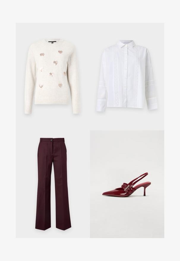 Lys beige sweater med rund hals, prydet med ni metalhjerteformede pailletter i roseguld. Ribbet manchetter og kant, blød tekstur.; Hvid langærmet skjorte med knapper, krave og lodrette blonderpaneler foran og rundt ærmerne.; Mørke bordeaux skræddersyede bukser med forreste knap- og lynlåslukning, lige ben og sidelommer på en ensartet lys baggrund.; Røde patenteret læder slingback hæle med spids tå, to spændebånd og en slank, mellemhøj stiletto hæl. Glat tekstur.