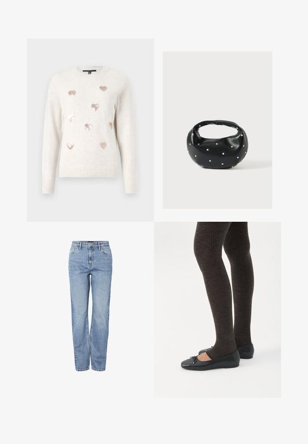 Sweater beige clair avec un col rond, orné de neuf sequins métalliques en forme de cœur couleur rose doré. Poignets et ourlet côtelés, texture douce.; Jean en denim bleu clair à taille haute, coupe droite, avec bouton à l'avant, fermeture éclair, passants pour ceinture et design à cinq poches.; Jambes portant des leggings côtelés foncés associés à des ballerines noires avec de petits détails en nœud sur fond blanc.; Sac à main en cuir noir de forme arrondie, décoré de clous argentés et équipé d'une poignée courte. Texture lisse et fermeture éclair.