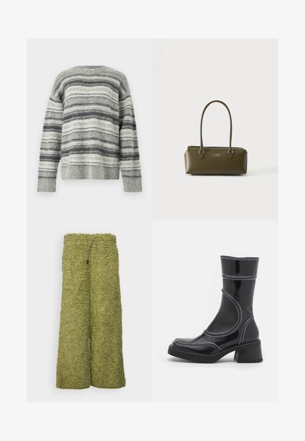 Gråstribet sweater lavet af blødt, blødt materiale. Har vandrette striber i forskellige nuancer af grå og hvid. Rund hals, lange ærmer.; Grønne, luftige bukser med vide ben og en tekstureret overflade samt en snor i taljen. Stoffet er blødt og let fnugget.; Sort patenteret læder ankelstøvle med hvid stikning, rund tå og blokhæl. Har buede designlinjer og en glat tekstur.; Slank rektangulær olivengrøn håndtaske med lange tynde håndtag og lynlåslukning, med små hvide trykte tal midt foran.